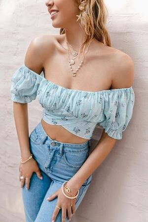 Crop Top Bleu Fleuri
