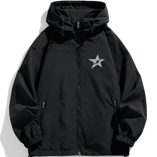 Veste coupe-vent à capuche décontractée pour hommes avec motif étoile - Noir, manches longues, fermeture à glissière, doublure en polyester, vêtements décontractés pour le printemps et l'automne, vêtements d'extérieur décontractés | Veste imprimée d'étoiles | Capuche réglable, veste essentielle