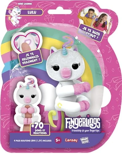 Lansay - FINGERLINGS - Lulu - Bébé Licorne Interactive - Peluche Électronique pour Enfants dès 5 Ans - Animal Intéractif qui s'Accroche au Doigt - Réactions Amusantes - 70 Sons - Idée Cadeau