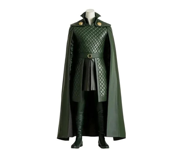 The Trickster King - Genuine Green Leather Loki Odin Cosplay Costume - Leather Superhero Quilted Cloak With Vest - Festival Leather Outfit - Halloween Costume