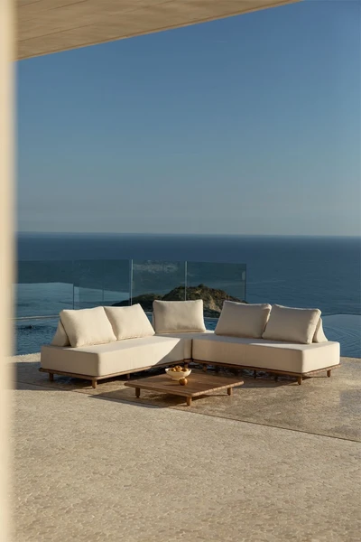 Ensemble de jardin avec canapé d'angle modulaire 3 pièces et table basse 95x95 cm en acacia Portet