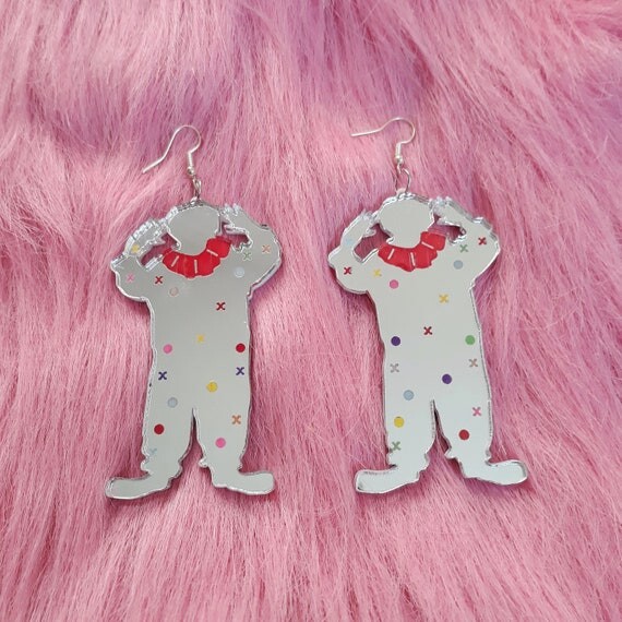 Colorful CREEPY CLOWN Mirrored Silver Acrylic Earrings with Silver Rhinestone Earring Posts