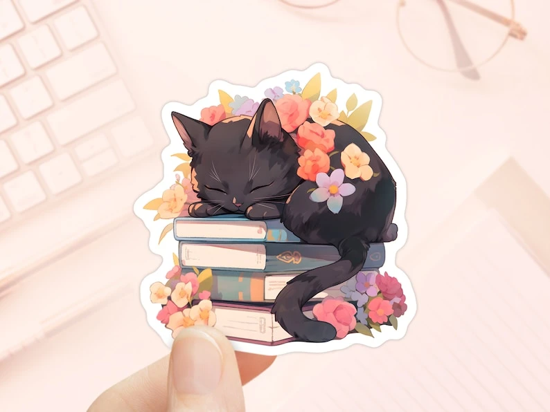 Sticker Chat noir dormant sur des livres, Fleurs de printemps, Vinyle imperméable, Cadeaux pour les amateurs de lecture, Stickers Kindle, Stickers de