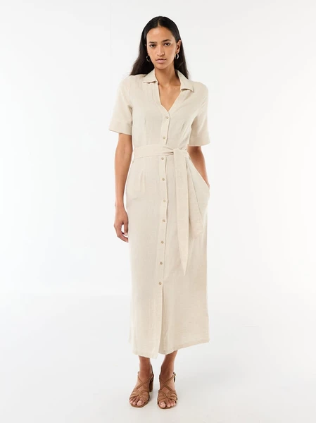 Robe chemise longue manches courtes en coton et lin