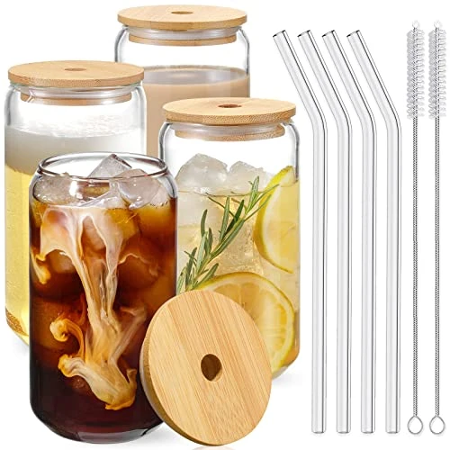 NETANY | Drinking Glasses with Bamboo Lids and Glass Straw 4pcs Set