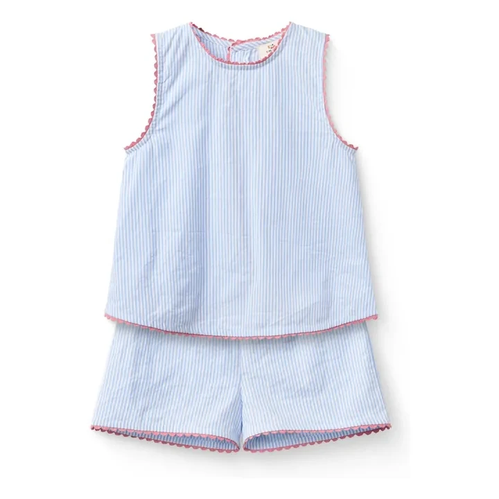 Ensemble Top et Short Feston Rayé Seersucker Coton Bio | Bleu ciel