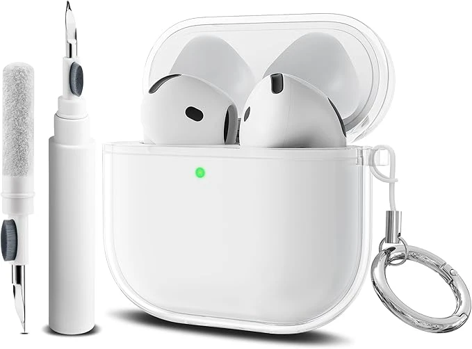 YLK Coque Compatible avec AirPods 4 2024 avec Kit de Nettoyage, LED Avant Peut être Visible, Housse en Silicone Anti-Choc Etui de Protection avec Porte-clés et Cordon (Transparent)