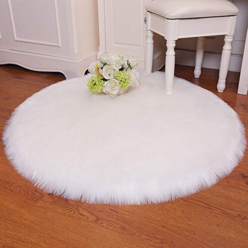 QINGLOU Peau de Mouton synthétique,Cozy Sensation comme véritable Laine Tapis en Fourrure synthétique, Fluffy Soft Longhair Décoratif Coussin de Chaise Canapé Natte (Blanc（Ronde）, 45 x 45cm)