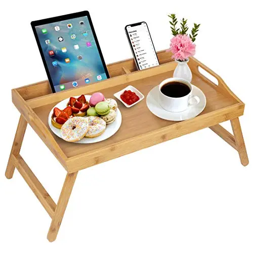 Plateau de Petit-déjeuner avec poignées Pliantes et Fente média pour Pieds, Plateau Pliable, Bureau pour Ordinateur Portable, collation, lit TV, Plateau de Cuisine (Yellow)