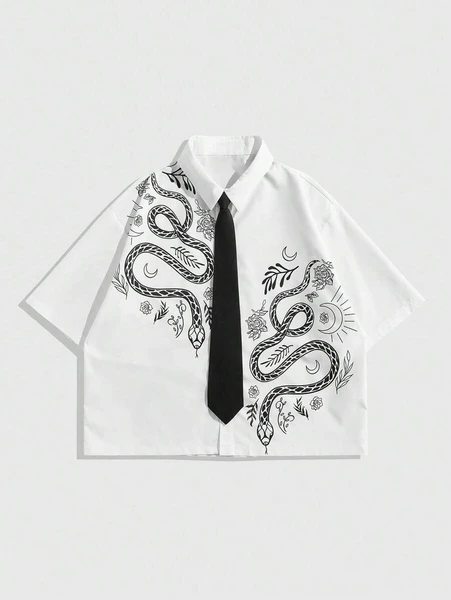 ROMWE MEN Prep Chemise décontractée pour hommes à imprimé serpent foncé, style académique, pour l'été, Halloween | Mode en ligne | SHEIN FRANCE