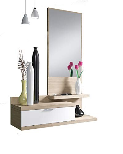 Habitdesign 016744W - Meuble d'entrée Dahila avec un tiroir et un miroir, mobilier d'entrée couleur Blanc brillant et Nature, mesures: 116 cm (hauteur) x 81 cm (longueur) x 29 cm (profondeur)