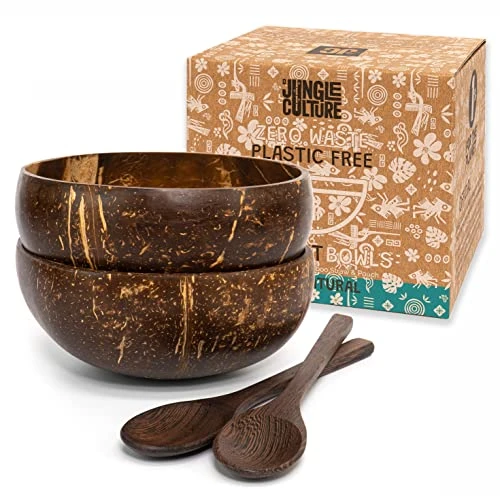 Jungle Culture® Bols Noix de Coco et Cuillères • Jeu de 2 Bols Coco, 2 Pailles en Bambou + eBook • Bol en Bois Céréales Poke Smoothie Buddha Bowl • Cadeau Vegan • Zéro Déchet