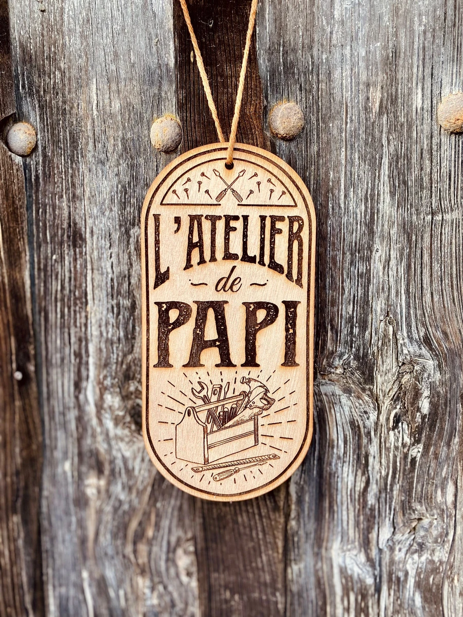 Pancarte personnalisée pour l’atelier vintage en bois gravé / déco d’atelier / cadeau de bricoleur
