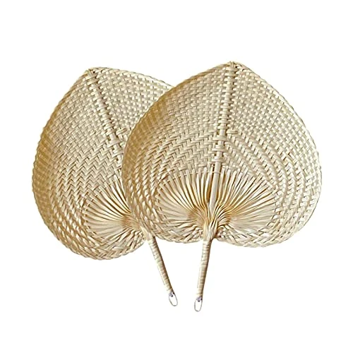 YHUS 2 ventilateurs en bambou naturel et rotin, motif de feuilles de palmier tissé à la main, ventilateur tissé en forme de coeur, ventilateur de refroidissement d'été, pour la décoration de la maison