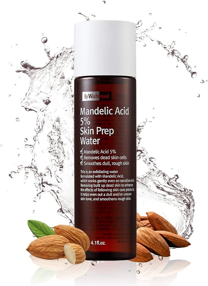 BY WISHTREND Acide mandélique 5% d'eau de préparation de la peau, exfoliant doux pour le visage, idéal pour les peaux sensibles | Aide à soulager les pores obstrués et la pigmentation (4,1 Fl Oz (1