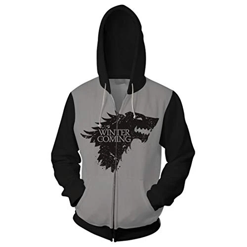 Pull à Capuche Anime Impression 3D Unisexe Game Thrones Haus Stark Winter is Coming Veste Décontractée Gris XL (Tour de Poitrine 113cm)