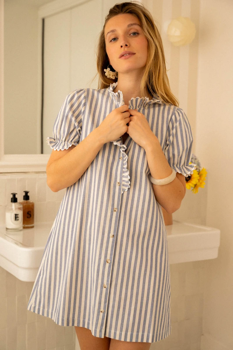 Robe Femme Courte Évasée À Rayures Avec Un Galon Blanc - Bleu - Boutique Libertie