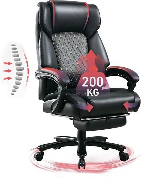 BRTHORY Fauteuil de Bureau 200 KG, avec Soutien Lombaire pour Maux de Dos, Ergonomique, Dossier Haut Rembourré, Base en Métal Solide, Chaise Gaming avec Repose Pied, 135°