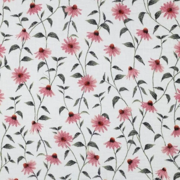 double gaze coton marguerites blanc et vieux rose