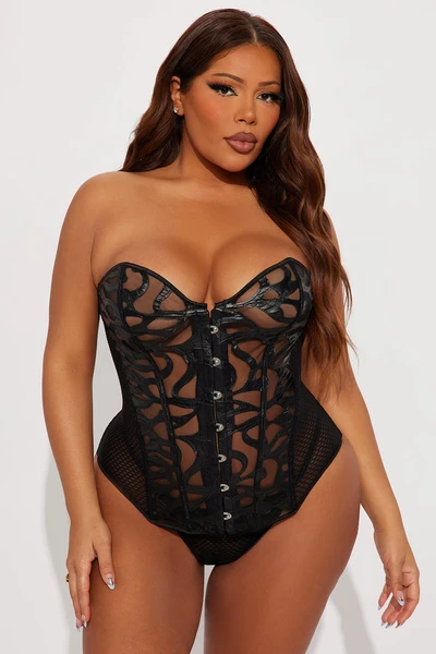 Elvira Lace And Mesh Corset 2 Piece Set - Black