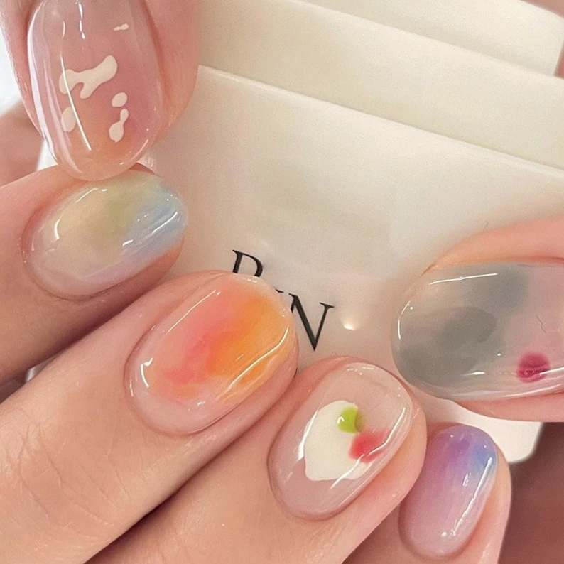 Presse à ongles ronde colorée arc-en-ciel / Extension de faux ongles / Ongles mignons de l'an 2000 / Ongle court