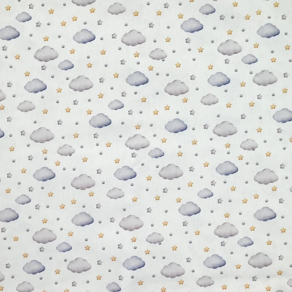 Piqué de coton imprimé nuage et étoile jaune, gris et bleu