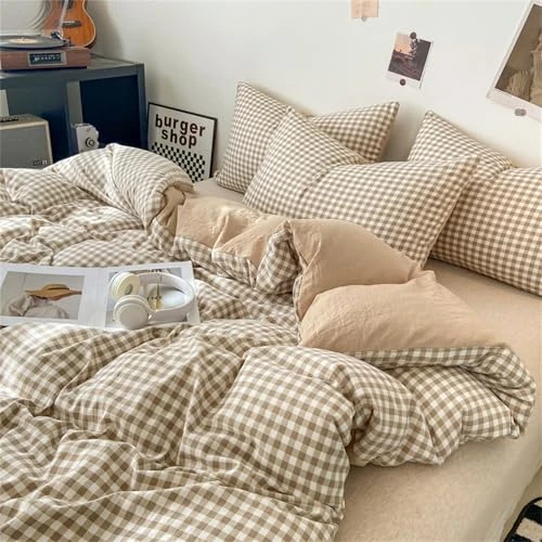 Covebett Housse de Couette 220x240 à Carreaux Vichy Beige et Marron Parure de Lit Adulte 2 Personnes Housse Couette en Microfibre Linge de lit avec Fermeture Éclair et 2 Taies d'oreiller 65x65