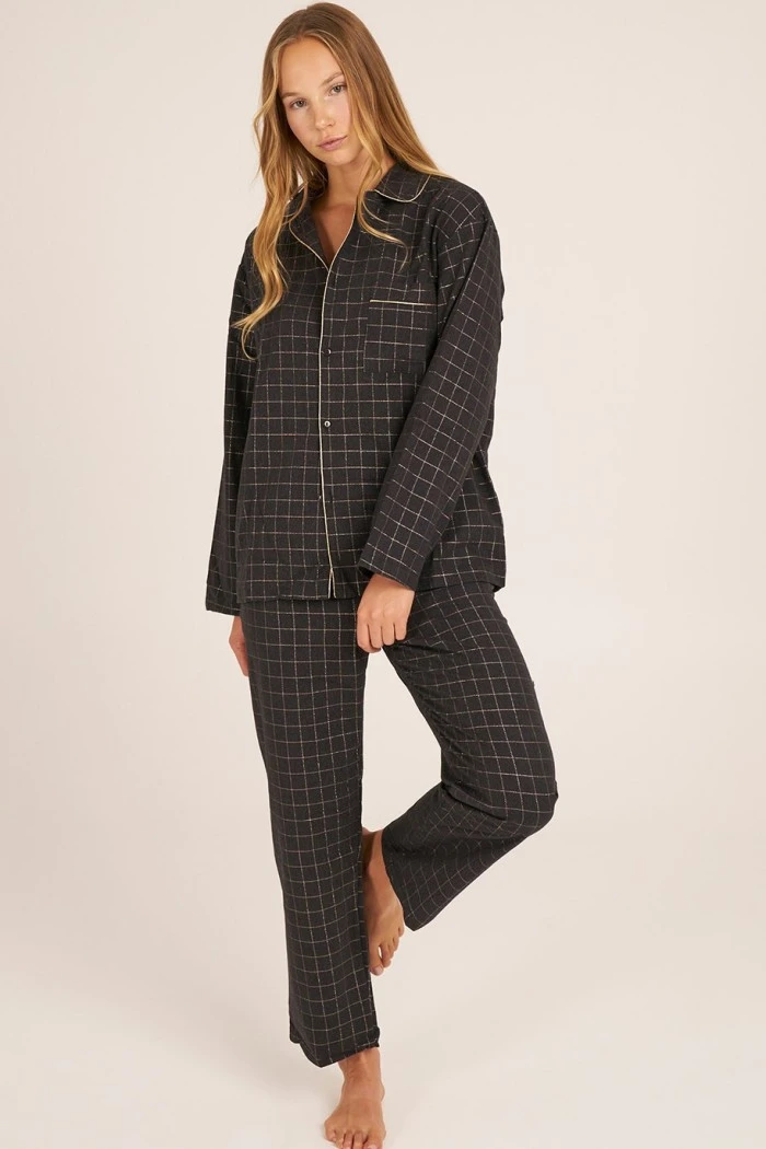 Pantalon de pyjama à carreaux gris et or