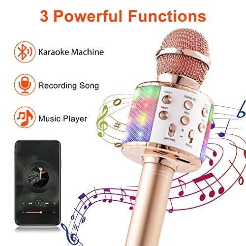 Fede Microphone Karaoké sans Fil Bluetooth avec Lumière LED Multi Couleur, Micro à Main Portable Haut-Parleur pour Enfants/Adultes Chanter, Compatible avec Android/iOS/PC/Smartphone