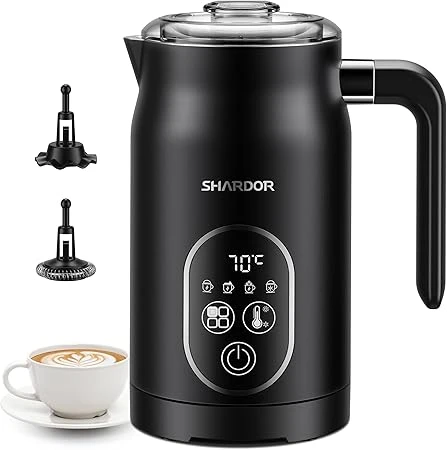 SHARDOR Mousseur à lait 5-in-1, Mousseur à lait électrique avec contrôle intelligent de la température, Mousseur Lait avec têtes de mélange spéciales pour le cacao chaud, revêtement antiadhésif, pour