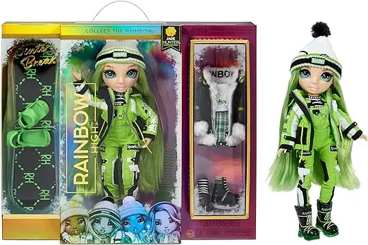 RAINBOW HIGH Winter Break Jade Hunter - Poupée Mannequin en Vert avec 2 Tenues, équipement d’Hiver & Socle – Contient 1 Snowboard, des Patins, Accessoires & + - Cadeau à Collectionner, 6 Ans +