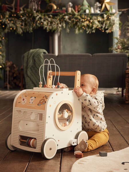 Chariot de marche cube d'activités avec freins en bois FSC® multicolore - Vertbaudet