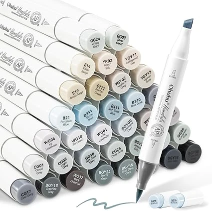Ohuhu Marqueurs Colorés D'art, Pinceau Pointe Double Feutres à Alcool Pinceau et Ciseau Burin Pour Artiste Etudiants Pour Croquis Coloriage Calligraphie avec étui, Série Honolulu
