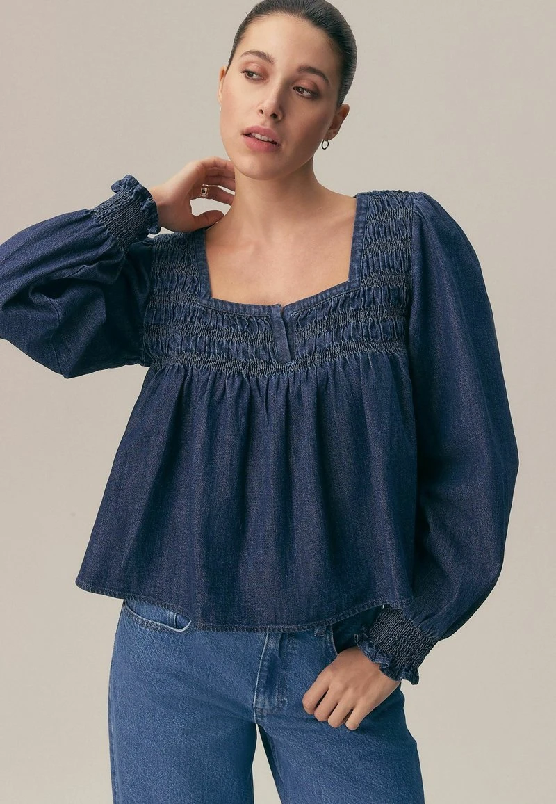 Next LONG SLEEVE SHIRRED - Blouse - mid blue denim/bleu - ZALANDO.FR
