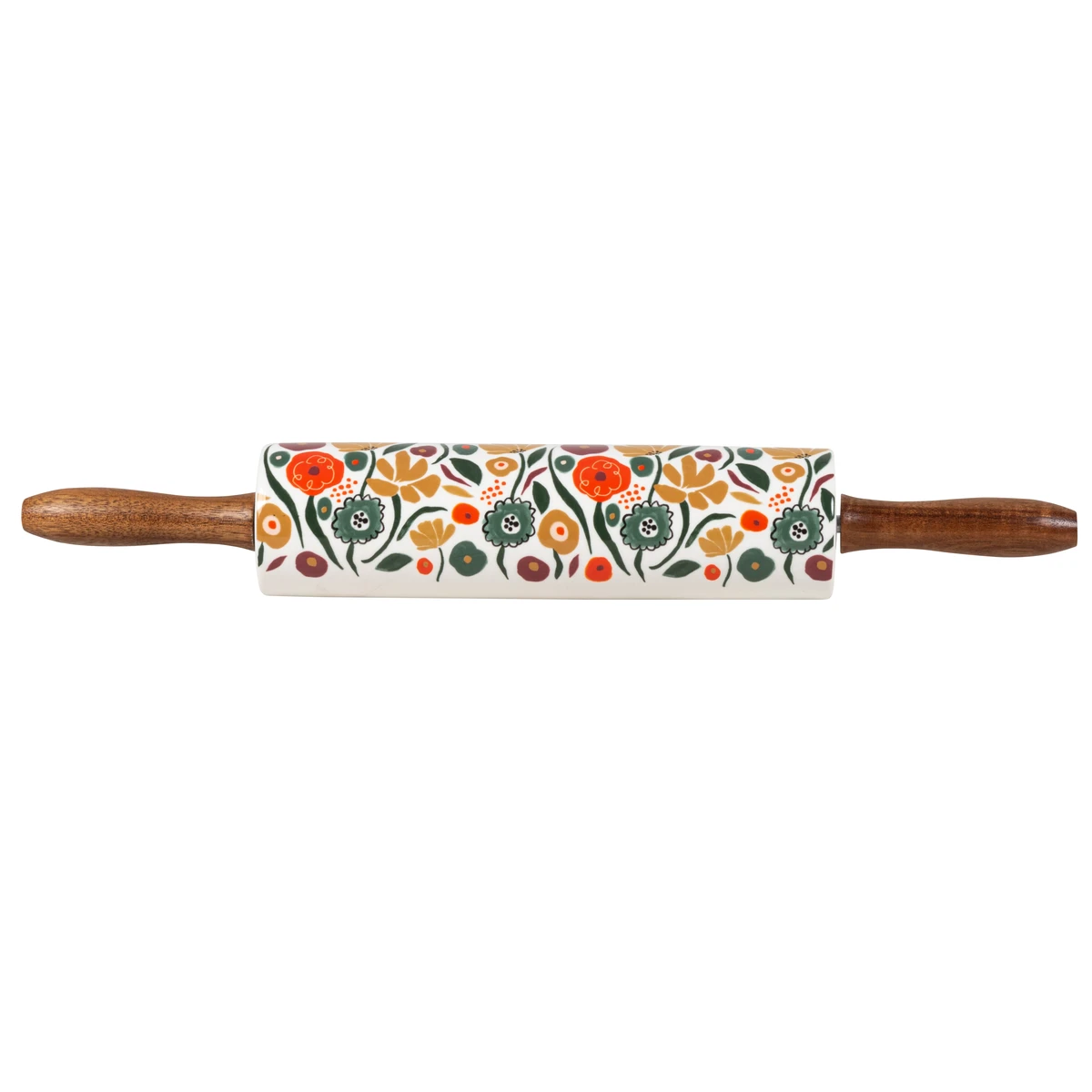 Rouleau à patisserie en grès et bois d'acacia motif floral multicolore