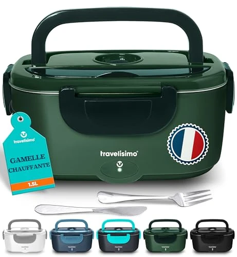 TRAVELISIMO Gamelle Chauffante 80W Lunch Box Chauffante 1,5L Chauffe Plat Voiture 3 en 1 220V 24V 12V, Gamelle Chauffante Allume Cigare, Acier Inoxydable, Boite Chauffante Repas pour Voyage et Bureau