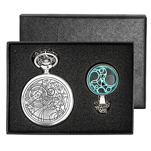 YISUYA Argent Lisse Docteur Who Quartz Montre de Poche avec dôme de Verre Dr Who Collier chaîne boîte Cadeau