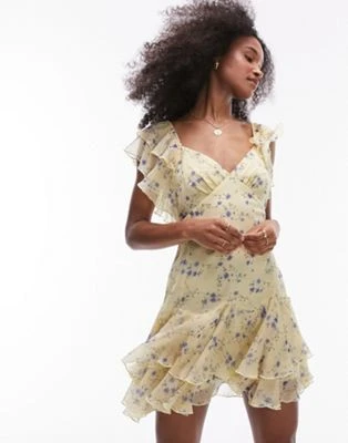Topshop - Robe courte rétro à petites fleurs avec manches évasées - Jaune