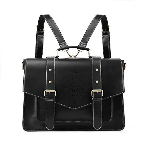 ECOSUSI Sac Cartable Vintage Femme Sac à Dos pour Ordinateur Portable 15,6 Pouces Sacs Bandoulière Sac à Main Malette Bureau, Bandoulière Démontable, Noir, L