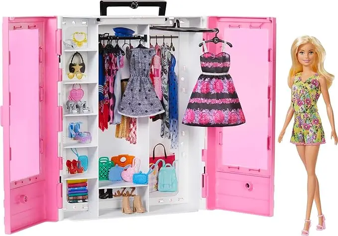 Barbie Fashionistas Le Dressing de Rêve rose et poupée blonde, fourni avec cintres et plus de 15 accessoires, jouet pour enfant, GBK12