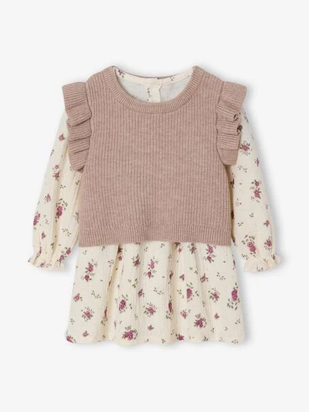 Ensemble 2 pièces bébé robe imprimée et pull sans manches écru - Vertbaudet