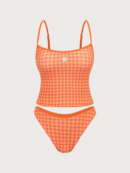 Orange Plaid Print Tankini Swimsuit