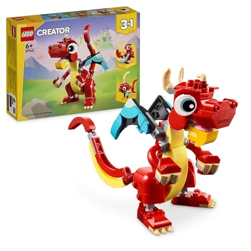 LEGO Creator 3-en-1 Le Dragon Rouge, Jouet avec 3 Figurines d'animaux, Dont Un Dragon Rouge, Un Poisson et Un Phénix, Set Animaux pour Enfants, Cadeau pour Garçons et Filles, Dès 6 Ans 31145