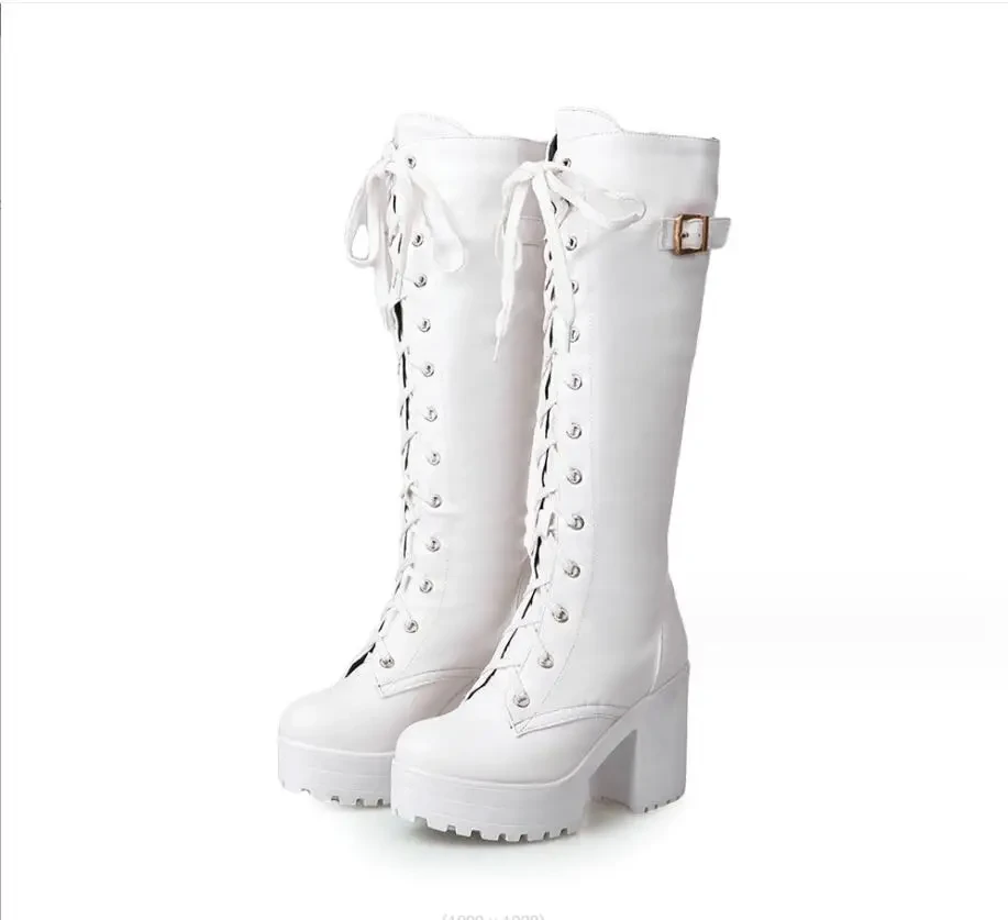 Femmes noir bottes hautes bout carré semelle épaisse à lacets multi-ceinture boucle mode Vintage talon épais bottes à talons hauts femmes botte - AliExpress 322
