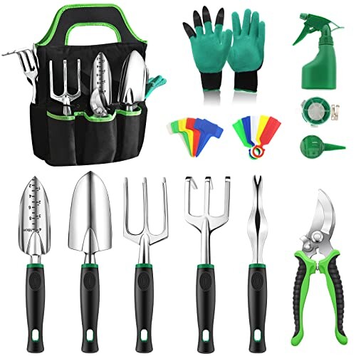 Anykuu Aluminium Outil de Jardinage 32pcs Tough Résistant à la Corrosion Kit de Jardinage Présent Set de Jardinage Adulte avec Sac de Rangement Gants Antidérapants Semis Taille Repiquage et Entretien