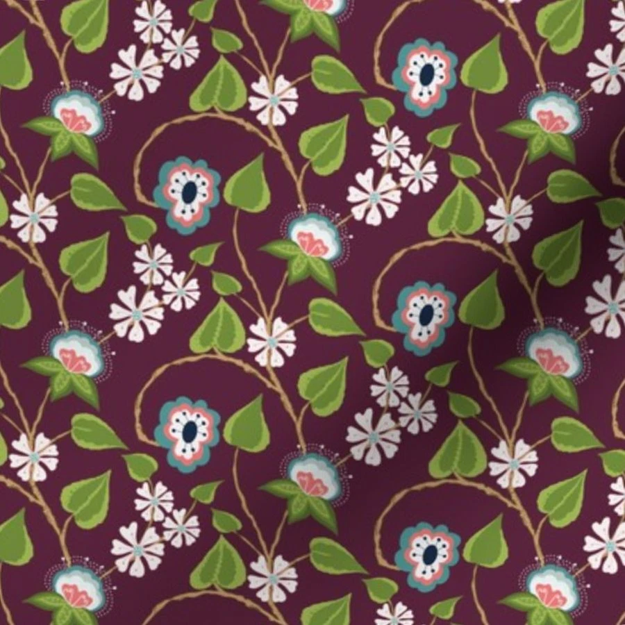 Fabric in Medium Cottage Core Botanical Trailing Vines Hand Drawn Motifs Wine Red