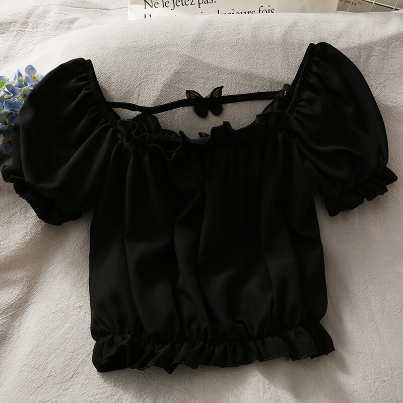 Chemisier à épaules dénudées pour femmes, haut à manches courtes bouffantes, mode française, nouveauté, été, 2022