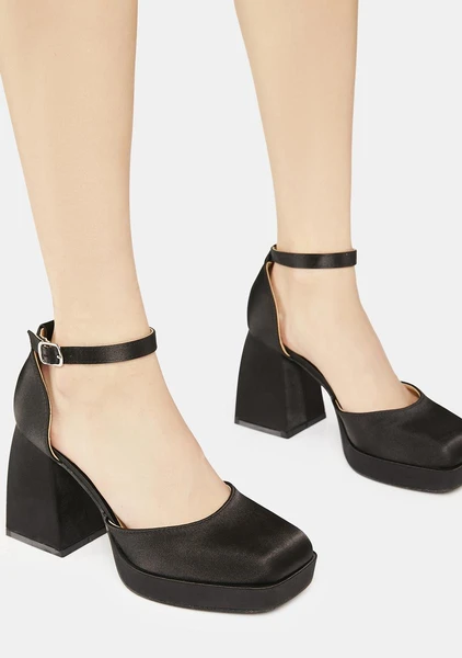 Satin Block Heels - Black