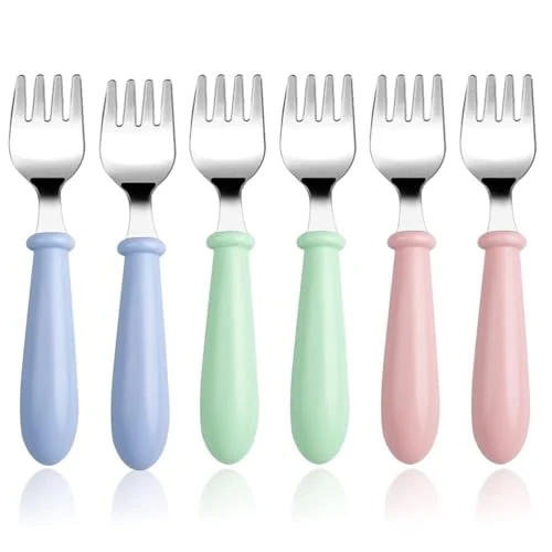 6PCS Cuillere Bebe, Witbicg Fourchette Bebe, Cuillère Bebe Nourrir Le Bébé, Augmenter l'Appétit, l'Enthousiasme Et Le Plaisir De Manger Ménagère En Métal Avec Poignées Rondes Lave-Vaisselle (B)