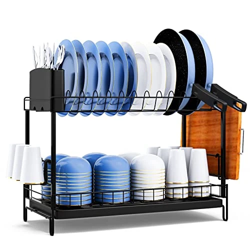 UNIDEAL Séchoir à Vaisselle 2 Niveaux, Égouttoir à Vaisselle avec Égouttoir, Egoutoire Vaisselle Cuisine avec Vidange Automatique, Planche à Découper et Égouttoir, Égouttoir À Vaisselle pour Assiette